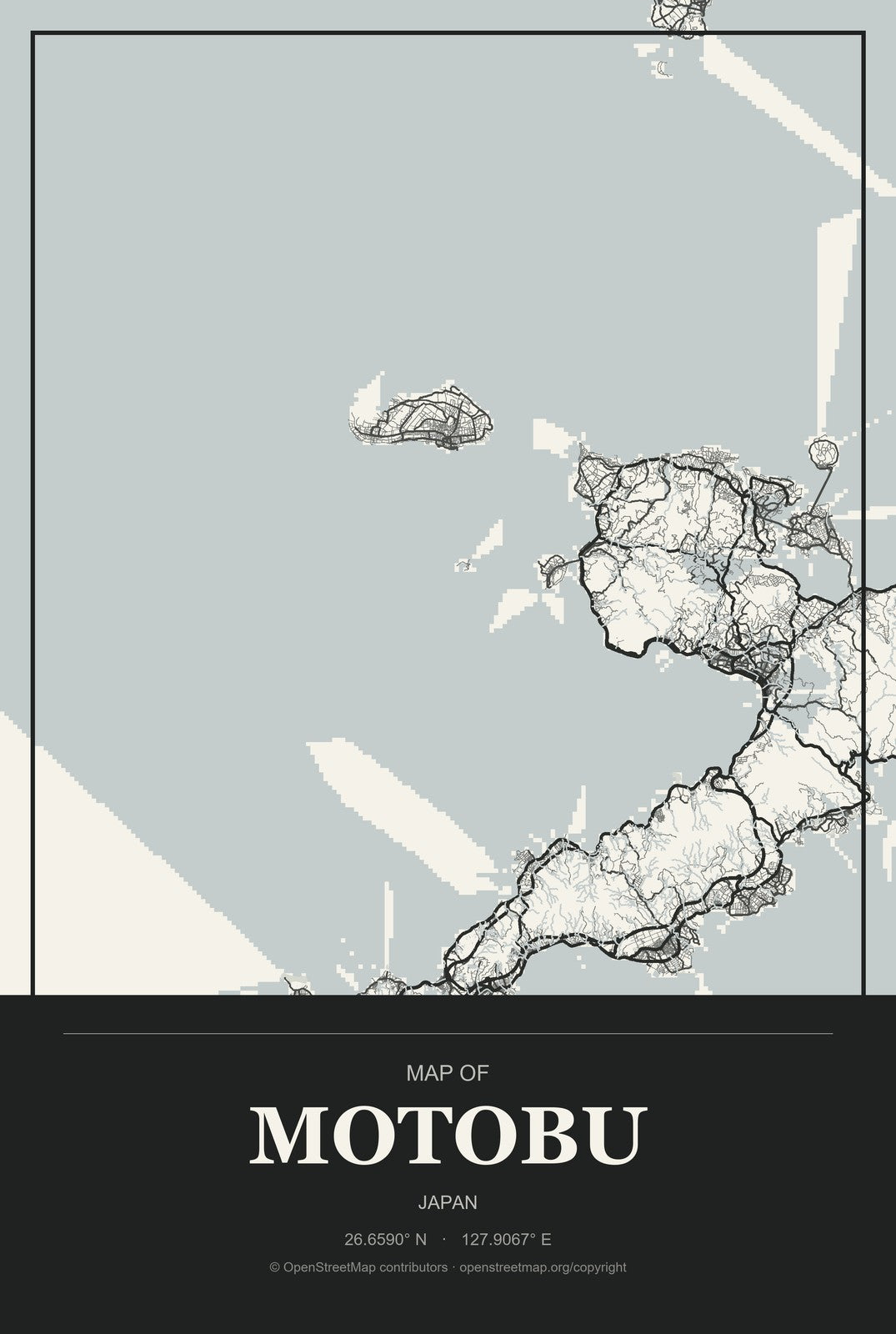Motobu, Japan City Map Aluminum Sign in Museum Plaque style