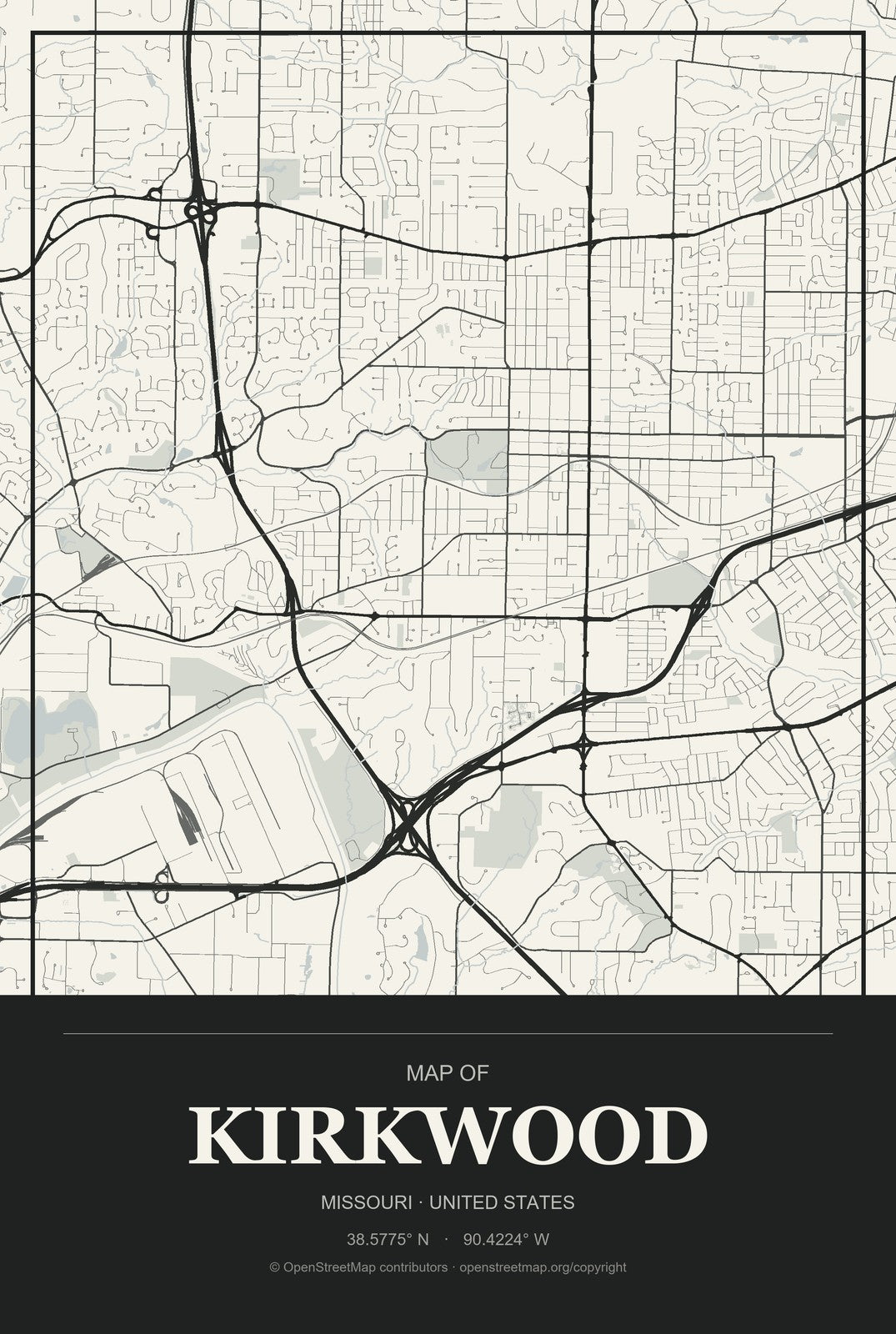 Kirkwood, Missouri City Map Aluminum Sign in Museum Plaque style