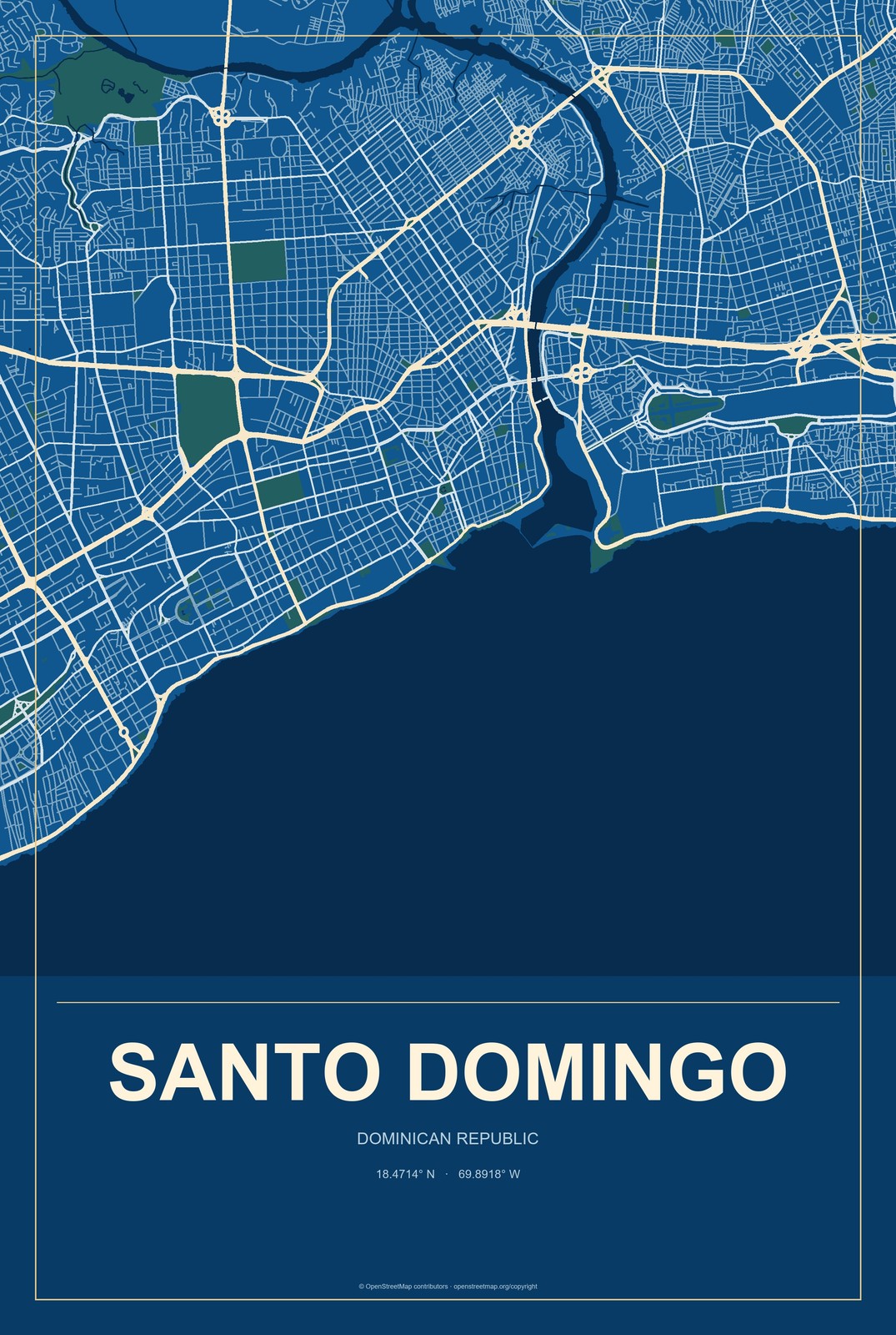 Santo Domingo, Dominican Republic City Map Aluminum Sign in Harbor Cobalt style