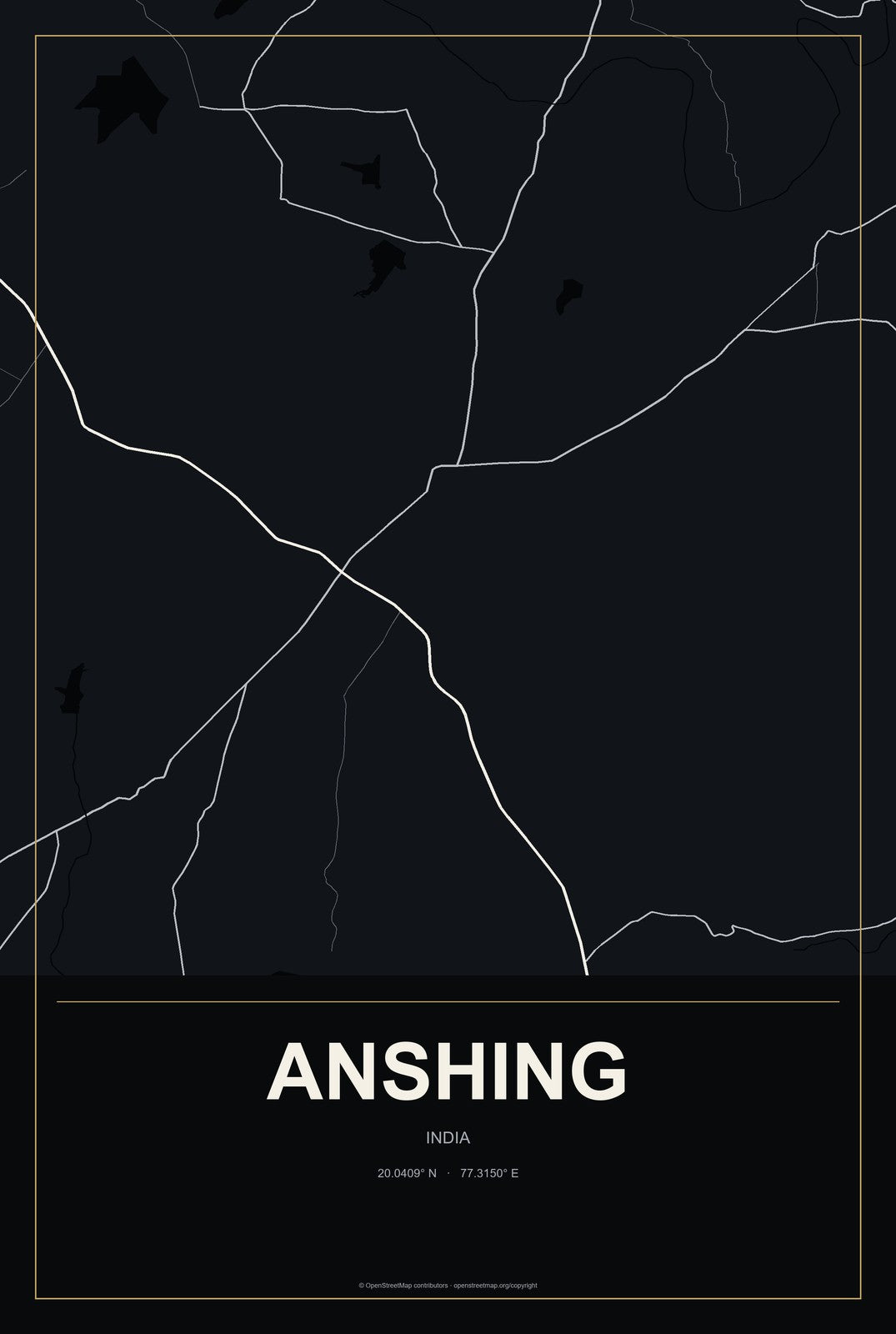 Anshing, India City Map Aluminum Sign in Metropolitan Noir style