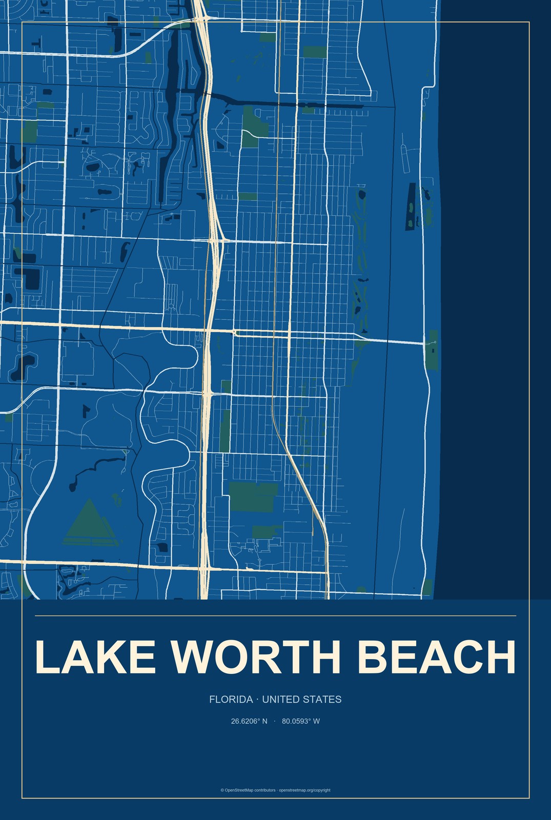 Lake Worth Beach, Florida City Map Aluminum Sign in Harbor Cobalt style