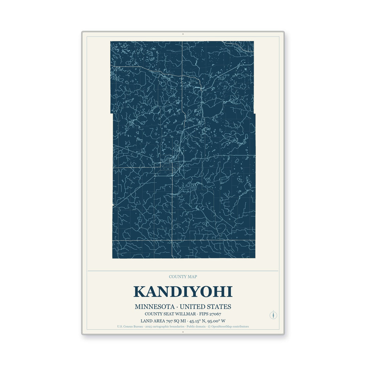 Kandiyohi County, Minnesota Map Aluminum Sign in Coastal Cutout style