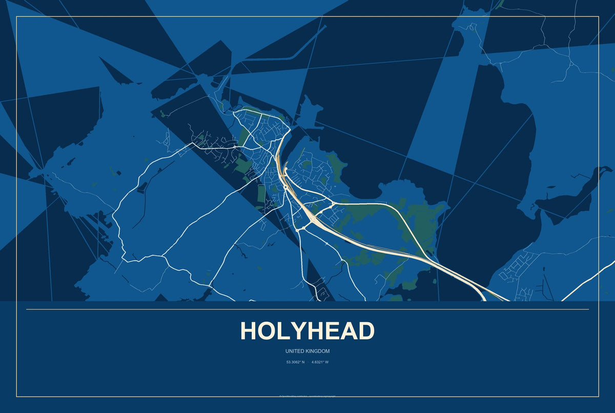Holyhead, United Kingdom City Map Aluminum Sign in Harbor Cobalt style