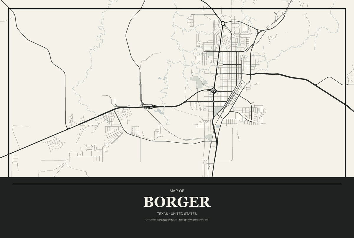 Borger, Texas City Map Aluminum Sign in Museum Plaque style