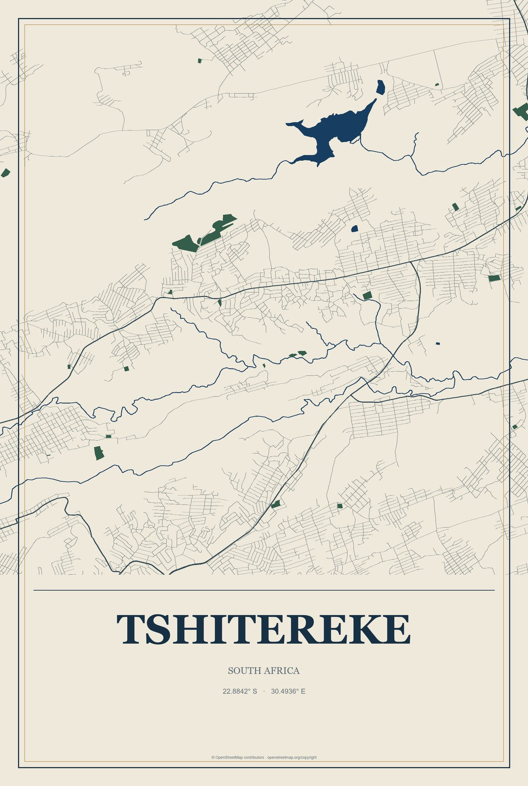 Tshitereke, South Africa City Map Aluminum Sign in Coastal Cutout style