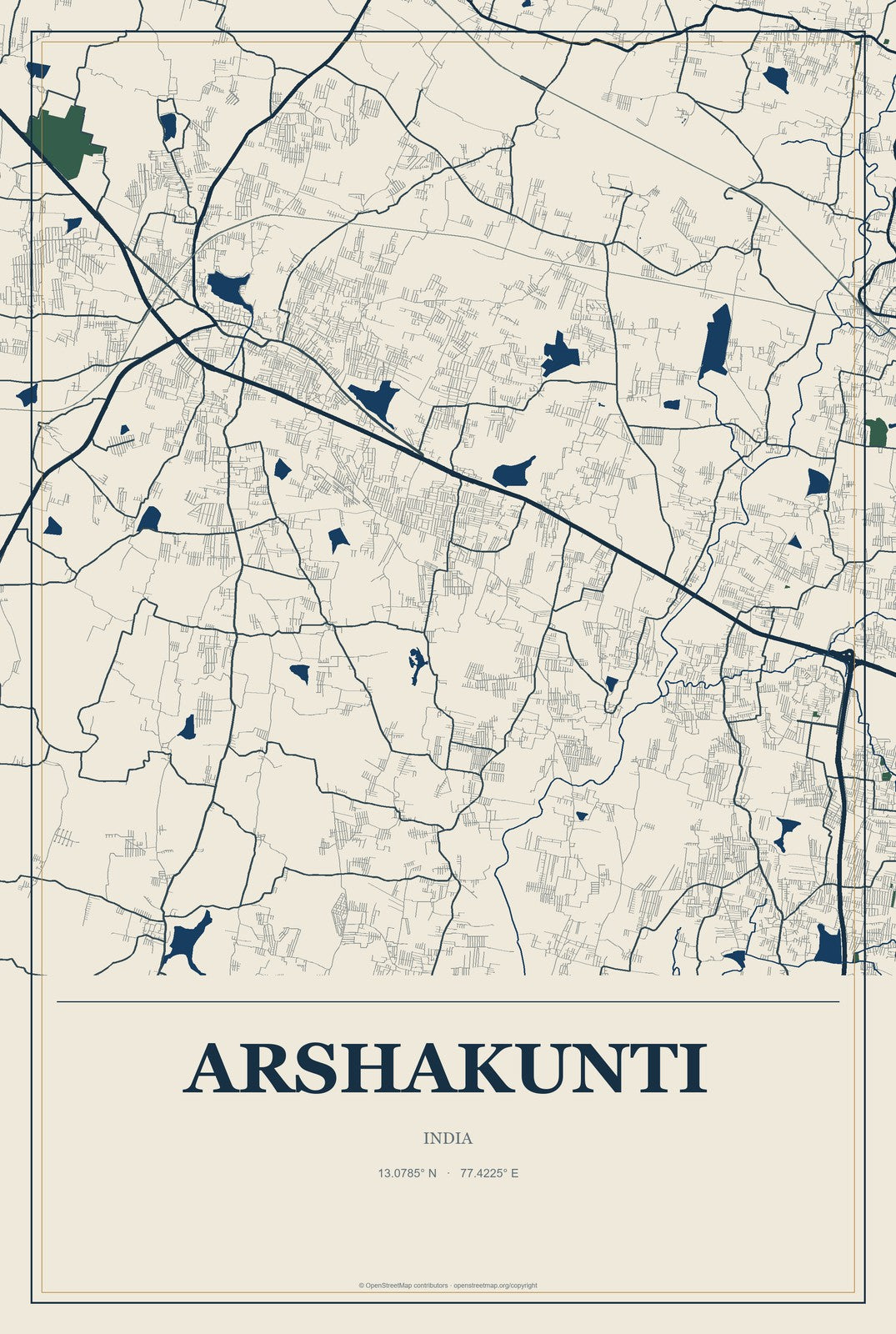 Arshakunti, India City Map Aluminum Sign in Coastal Cutout style
