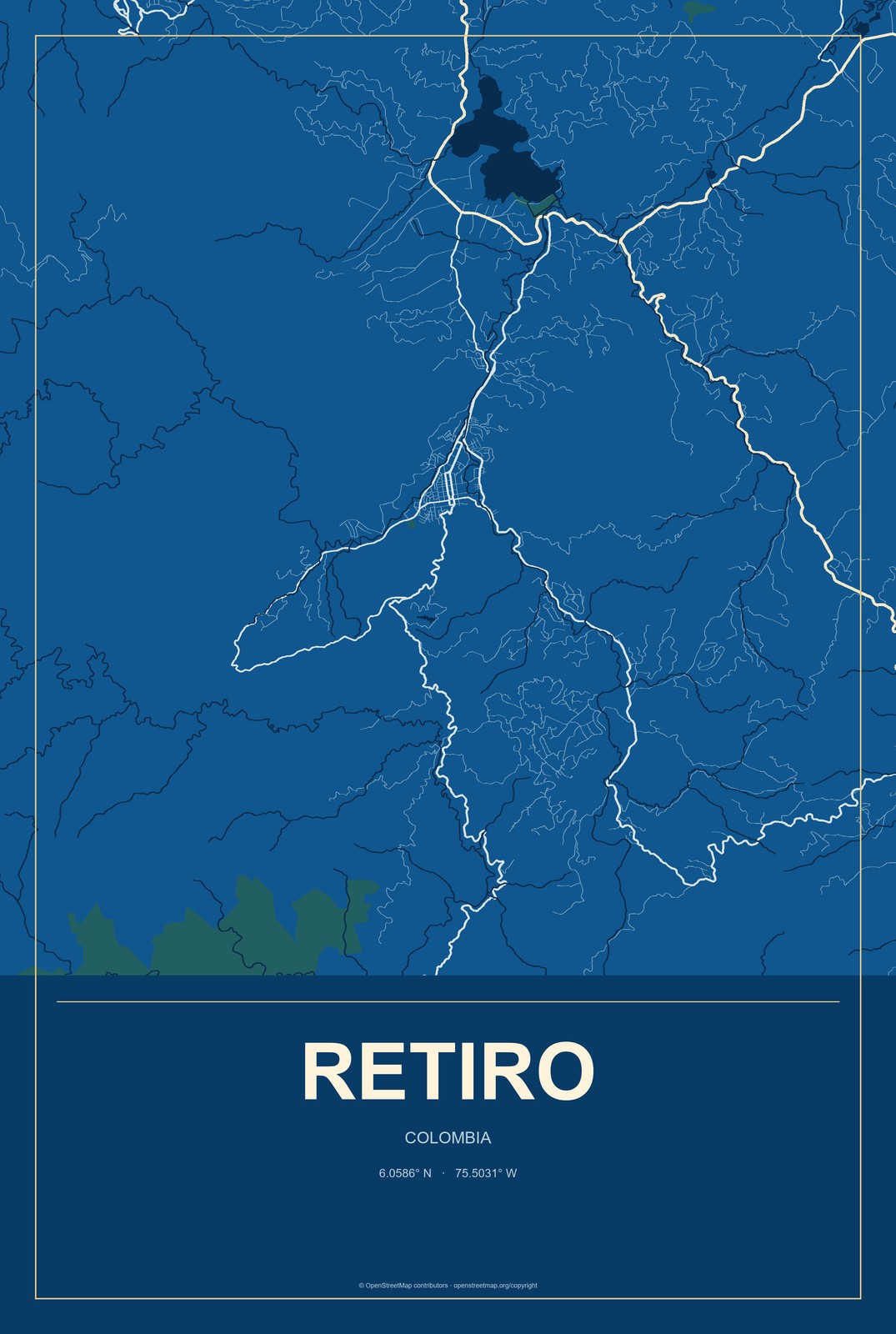 Retiro, Colombia City Map Aluminum Sign in Harbor Cobalt style