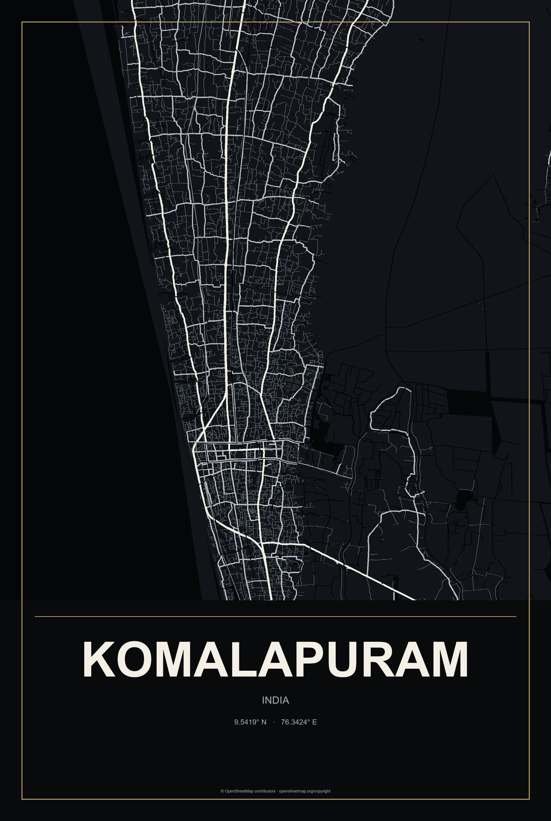 Komalapuram, India City Map Aluminum Sign in Metropolitan Noir style