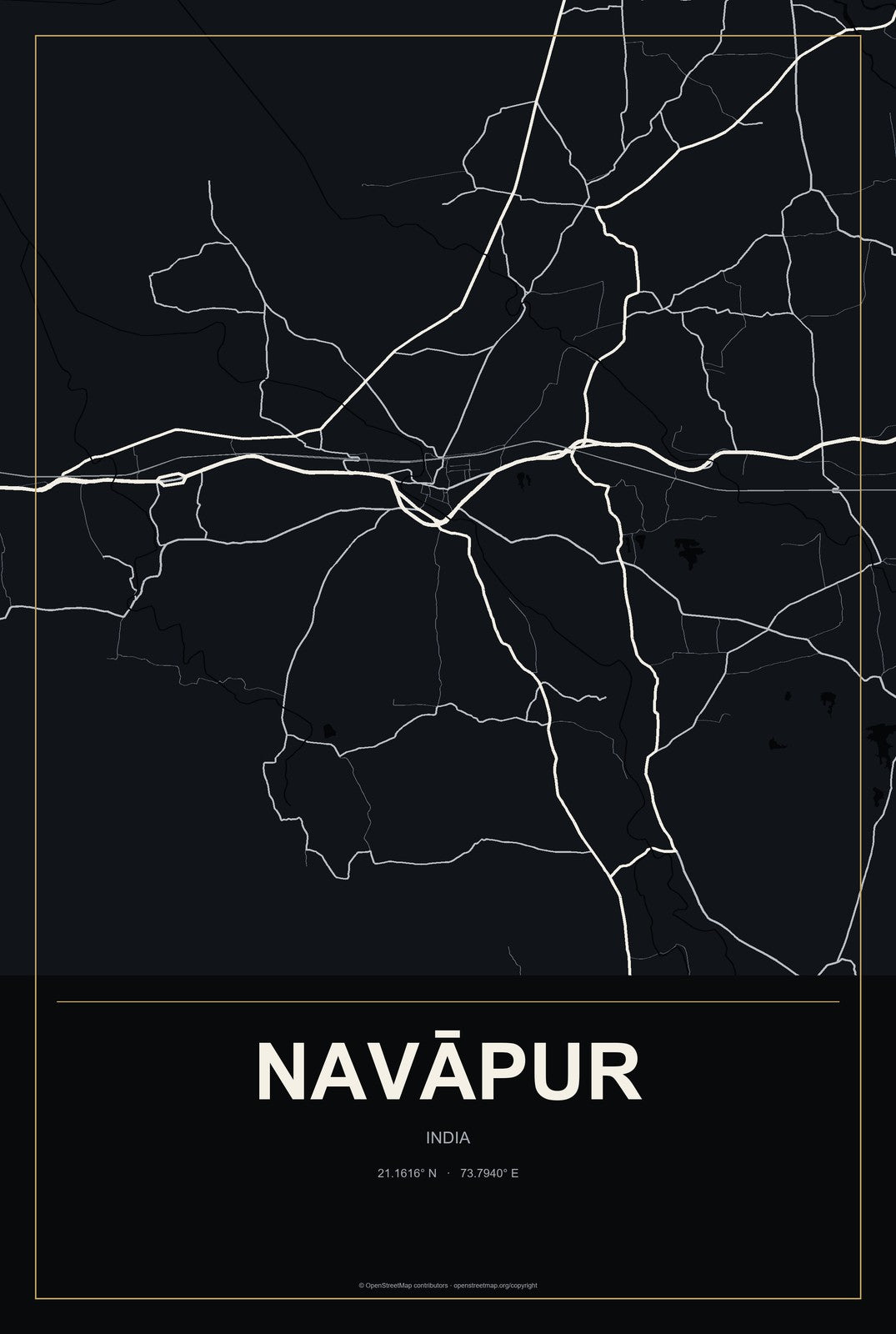 Navāpur, India City Map Aluminum Sign in Metropolitan Noir style