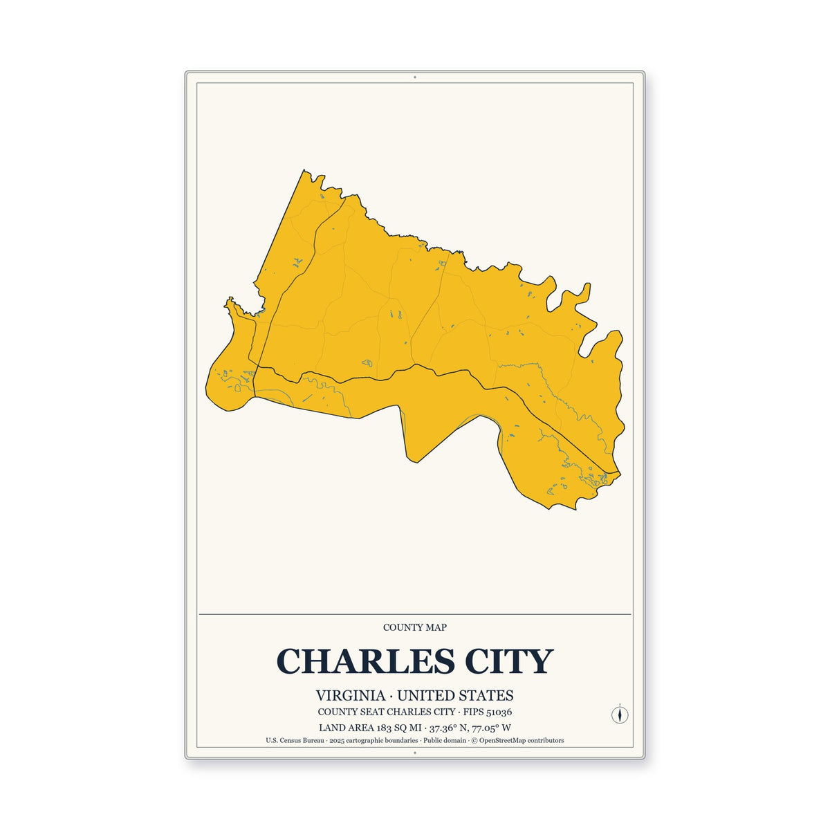 Charles City County, Virginia Map Aluminum Sign in Citrine Modern style