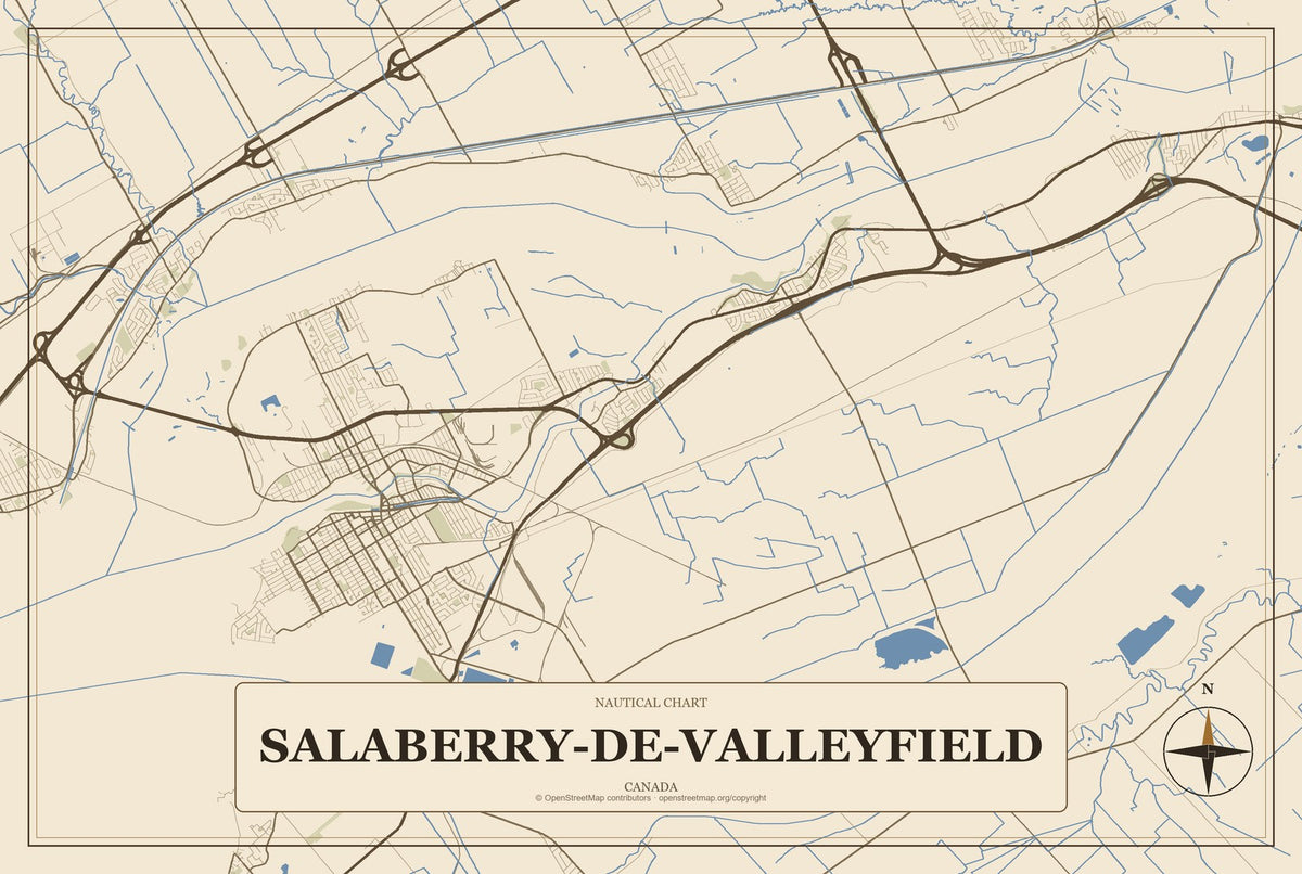 Salaberry-de-Valleyfield, Canada City Map Aluminum Sign in Heritage Nautical style