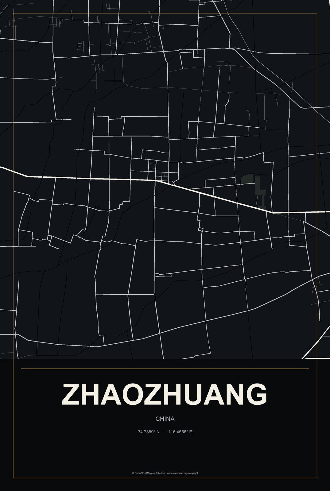 Zhaozhuang, China City Map Aluminum Sign in Metropolitan Noir style
