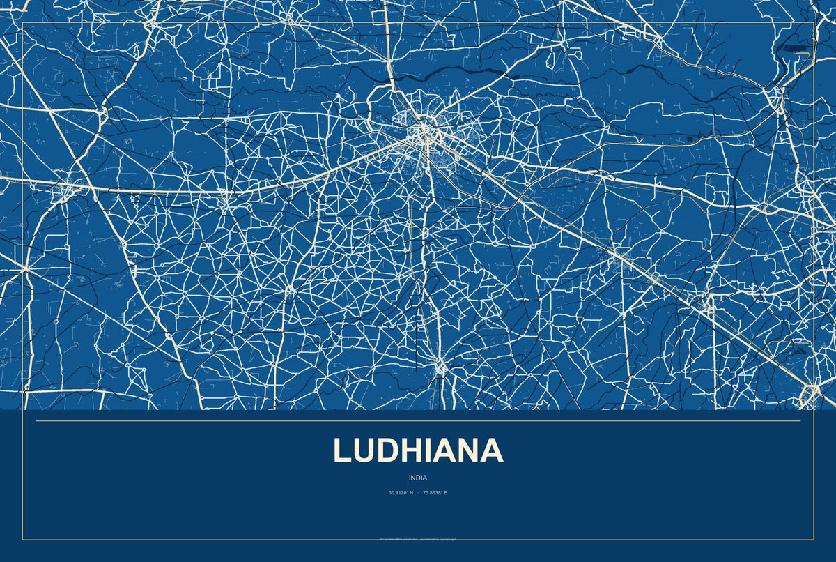 Ludhiana, India City Map Aluminum Sign in Harbor Cobalt style