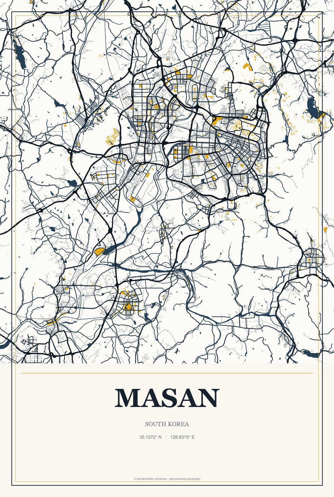 Masan, South Korea City Map Aluminum Sign in Citrine Modern style