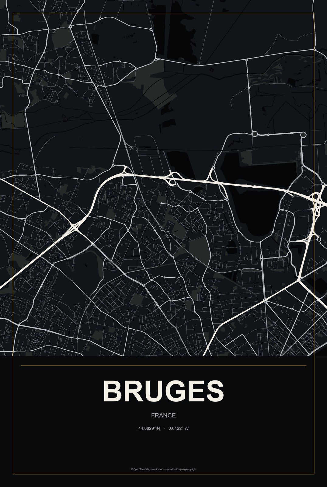 Bruges, France City Map Aluminum Sign in Metropolitan Noir style