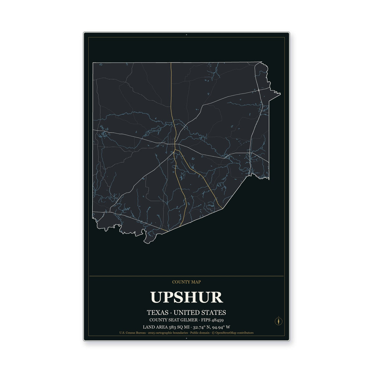 Upshur County, Texas Map Aluminum Sign in Metropolitan Noir style