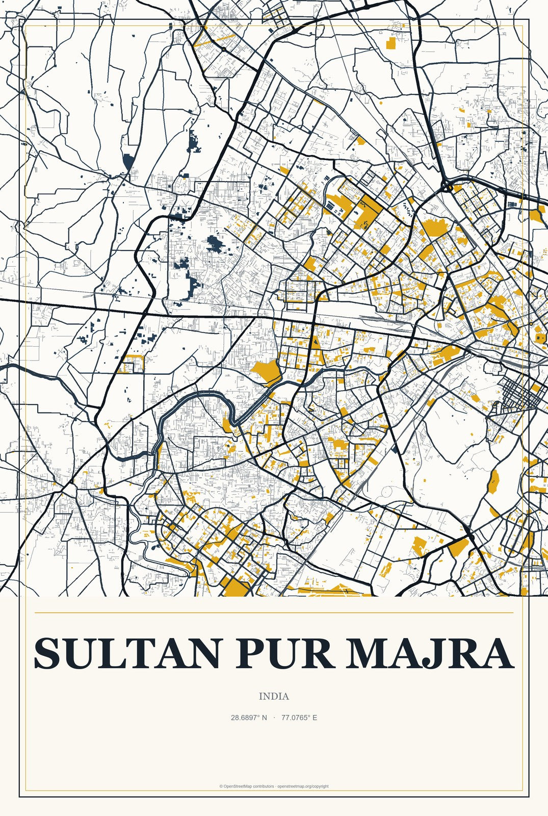 Sultan Pur Majra, India City Map Aluminum Sign in Citrine Modern style