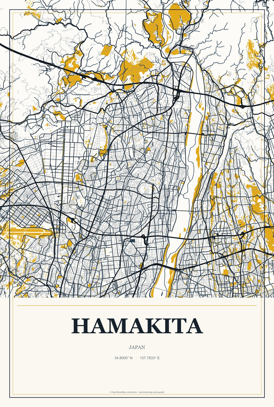 Hamakita, Japan City Map Aluminum Sign in Citrine Modern style