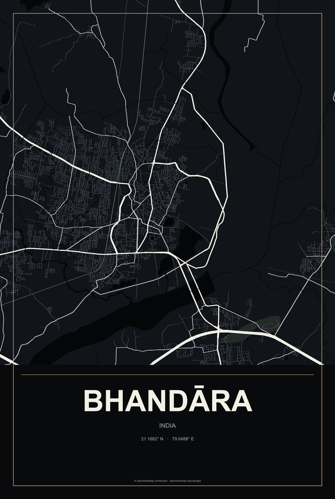 Bhandāra, India City Map Aluminum Sign in Metropolitan Noir style