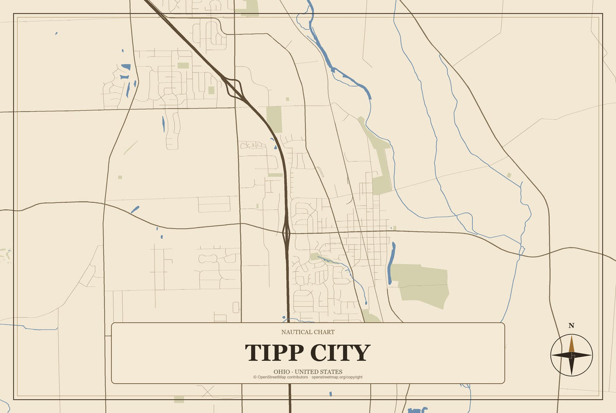 Tipp City, Ohio City Map Aluminum Sign in Heritage Nautical style