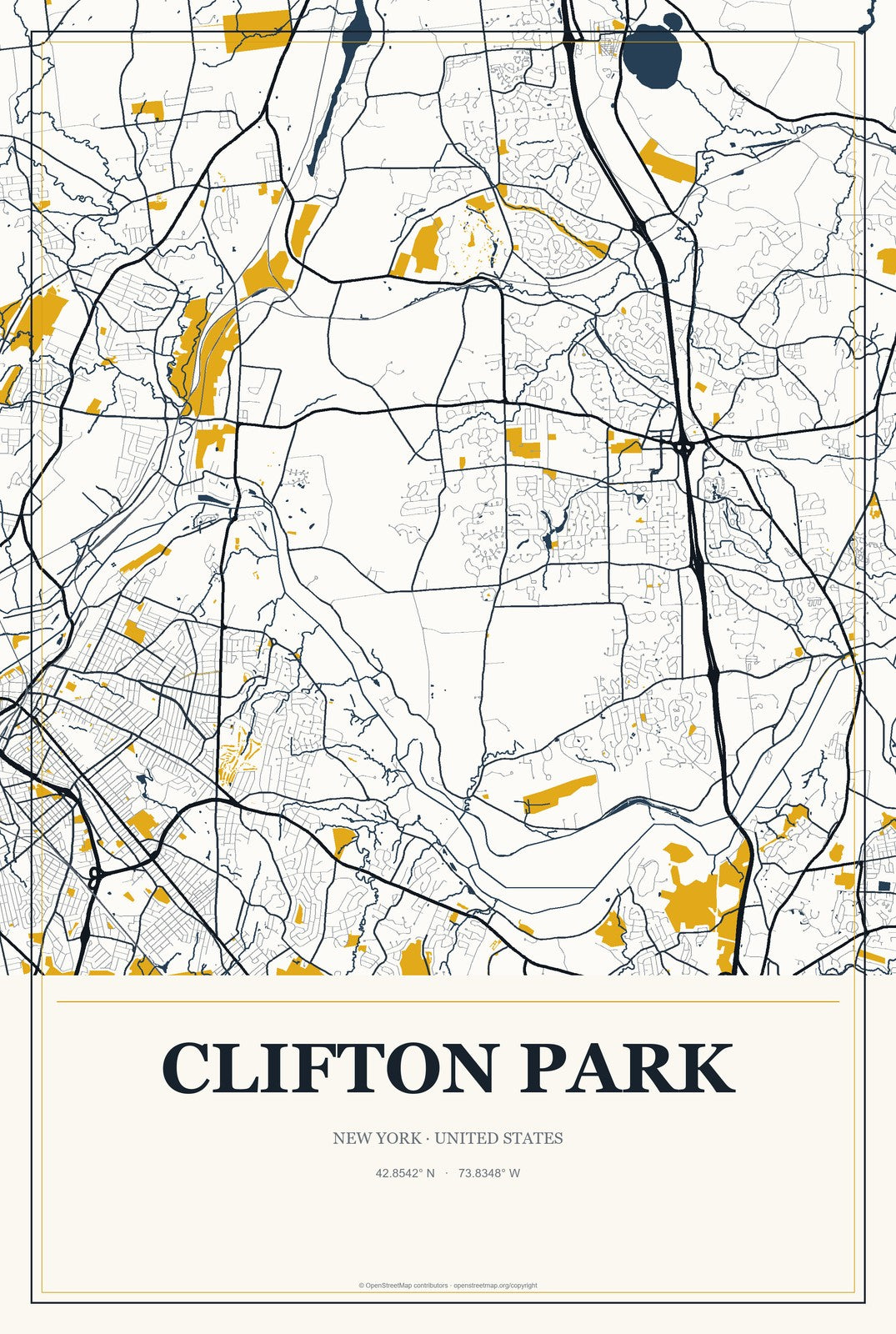 Clifton Park, New York City Map Aluminum Sign in Citrine Modern style