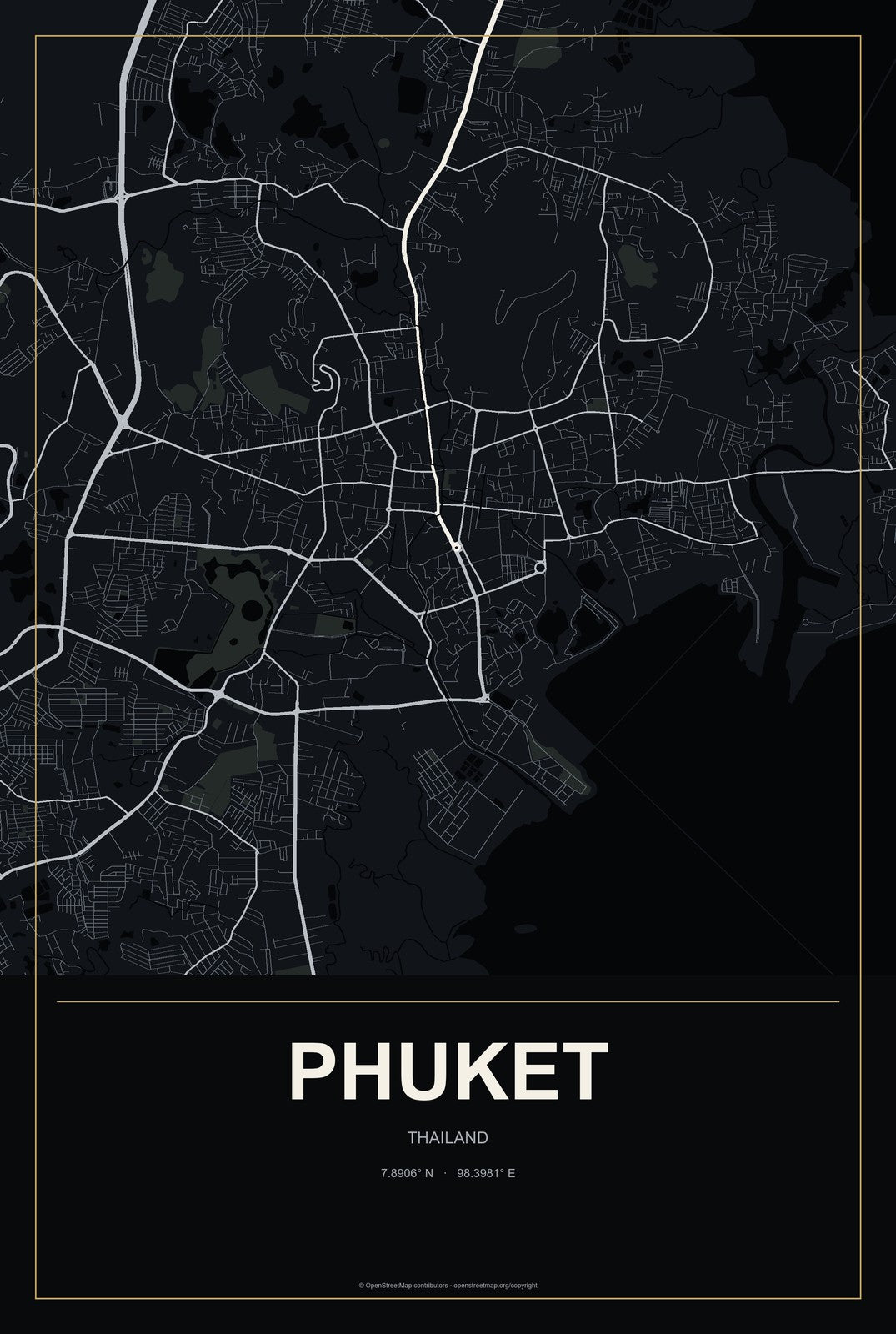 Phuket, Thailand City Map Aluminum Sign in Metropolitan Noir style