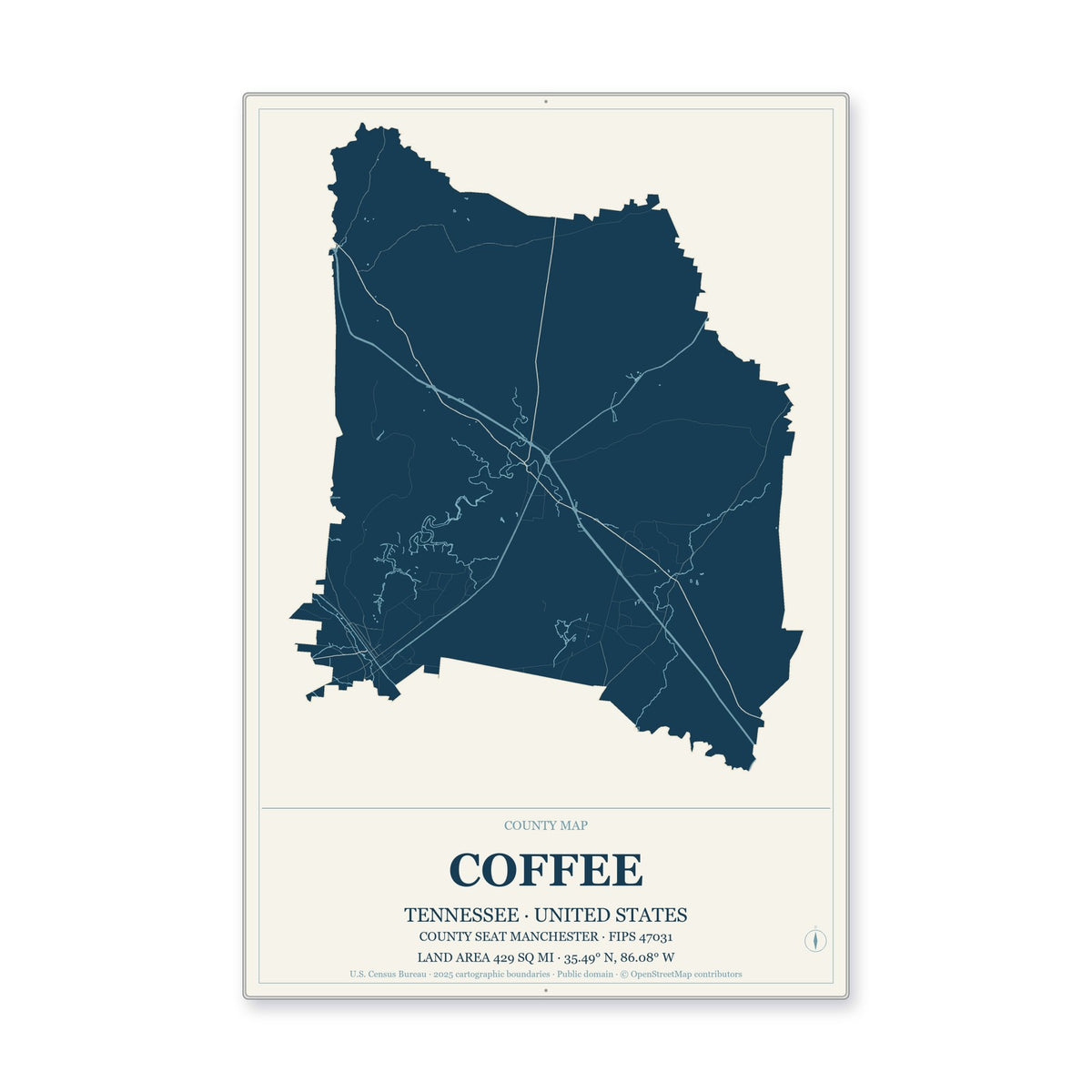 Coffee County, Tennessee Map Aluminum Sign in Coastal Cutout style