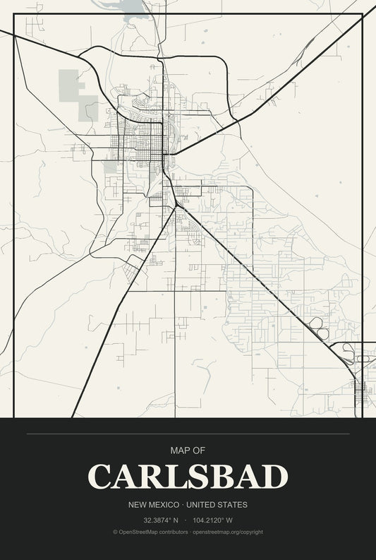 Carlsbad, New Mexico City Map Aluminum Sign in Museum Plaque style