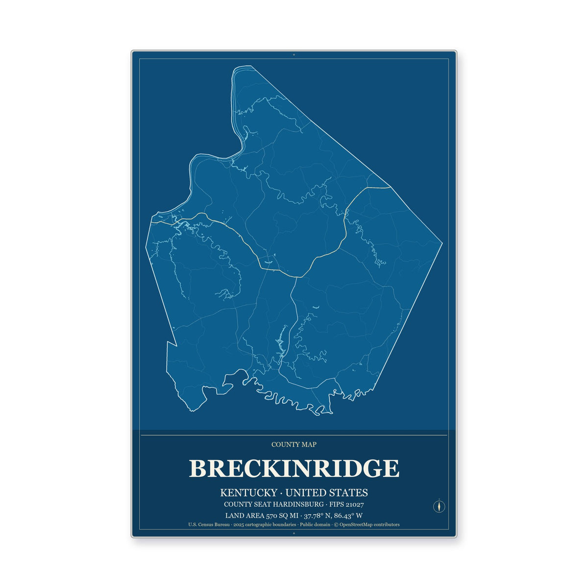 Breckinridge County, Kentucky Map Aluminum Sign in Harbor Cobalt style
