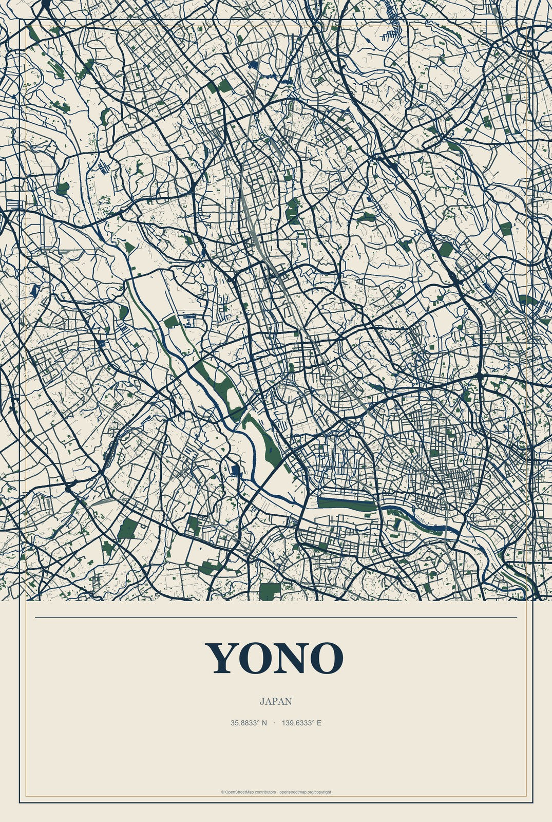 Yono, Saitama, Japan City Map Aluminum Sign in Coastal Cutout style