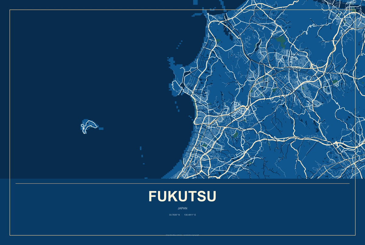 Fukutsu, Japan City Map Aluminum Sign in Harbor Cobalt style