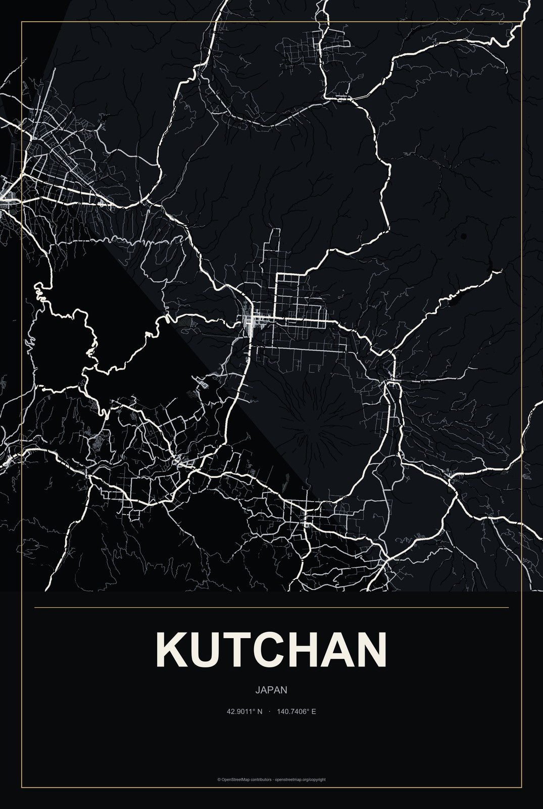 Kutchan, Japan City Map Aluminum Sign in Metropolitan Noir style