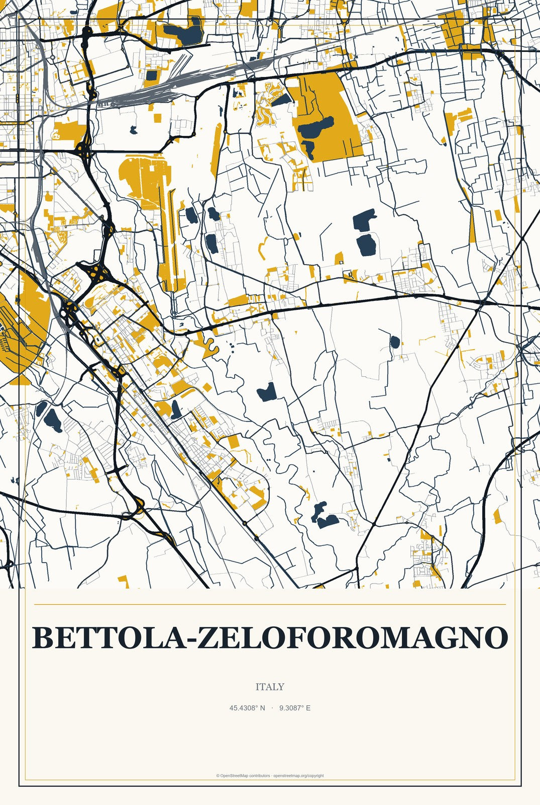 Bettola-Zeloforomagno, Italy City Map Aluminum Sign in Citrine Modern style