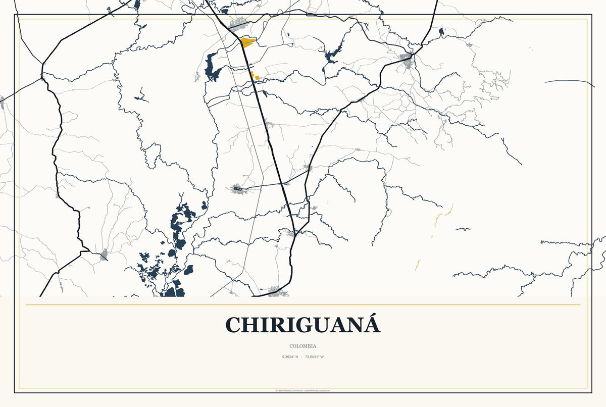 Chiriguaná, Colombia City Map Aluminum Sign in Citrine Modern style