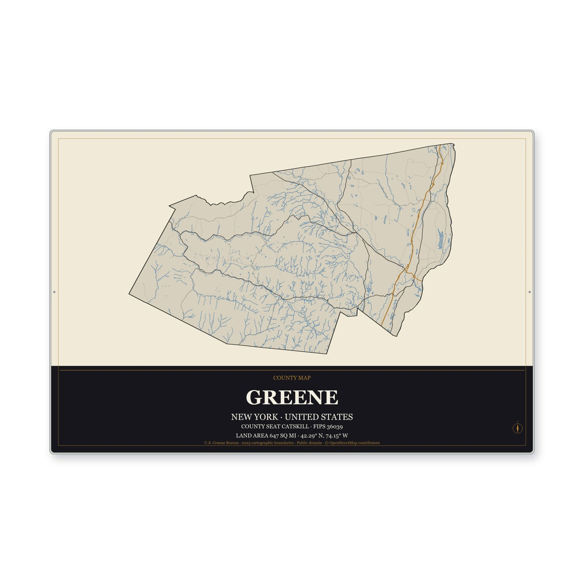 Greene County, New York Map Aluminum Sign in Museum Plaque style