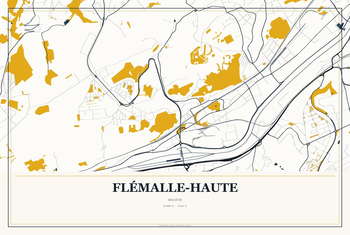 Flémalle-Haute, Belgium City Map Aluminum Sign in Citrine Modern style