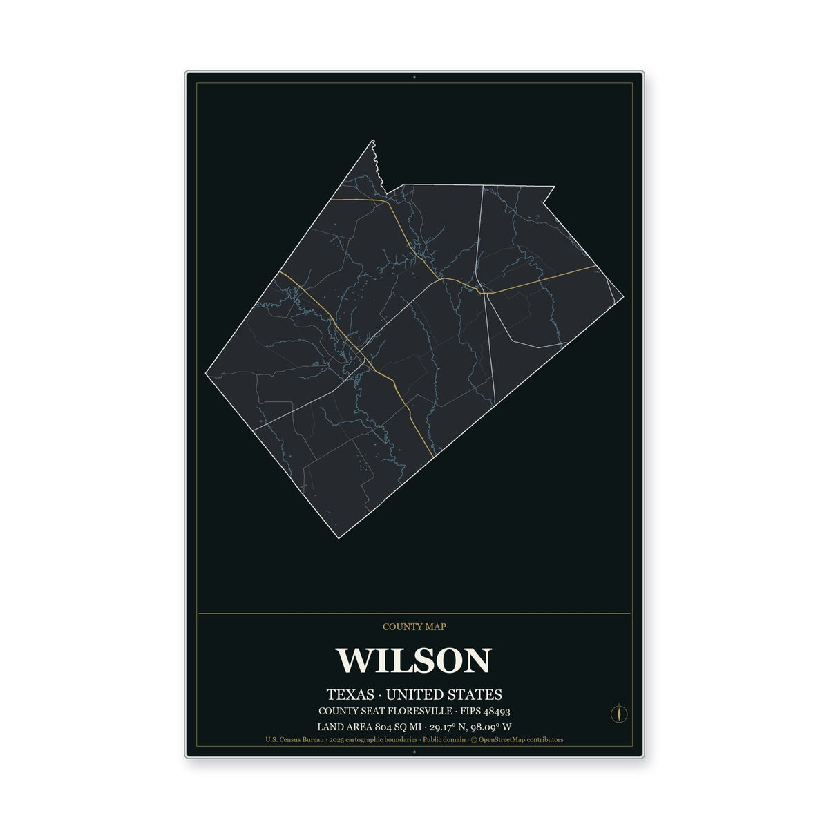 Wilson County, Texas Map Aluminum Sign in Metropolitan Noir style