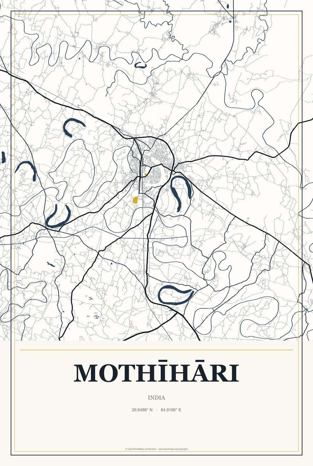 Mothīhāri, India City Map Aluminum Sign in Citrine Modern style