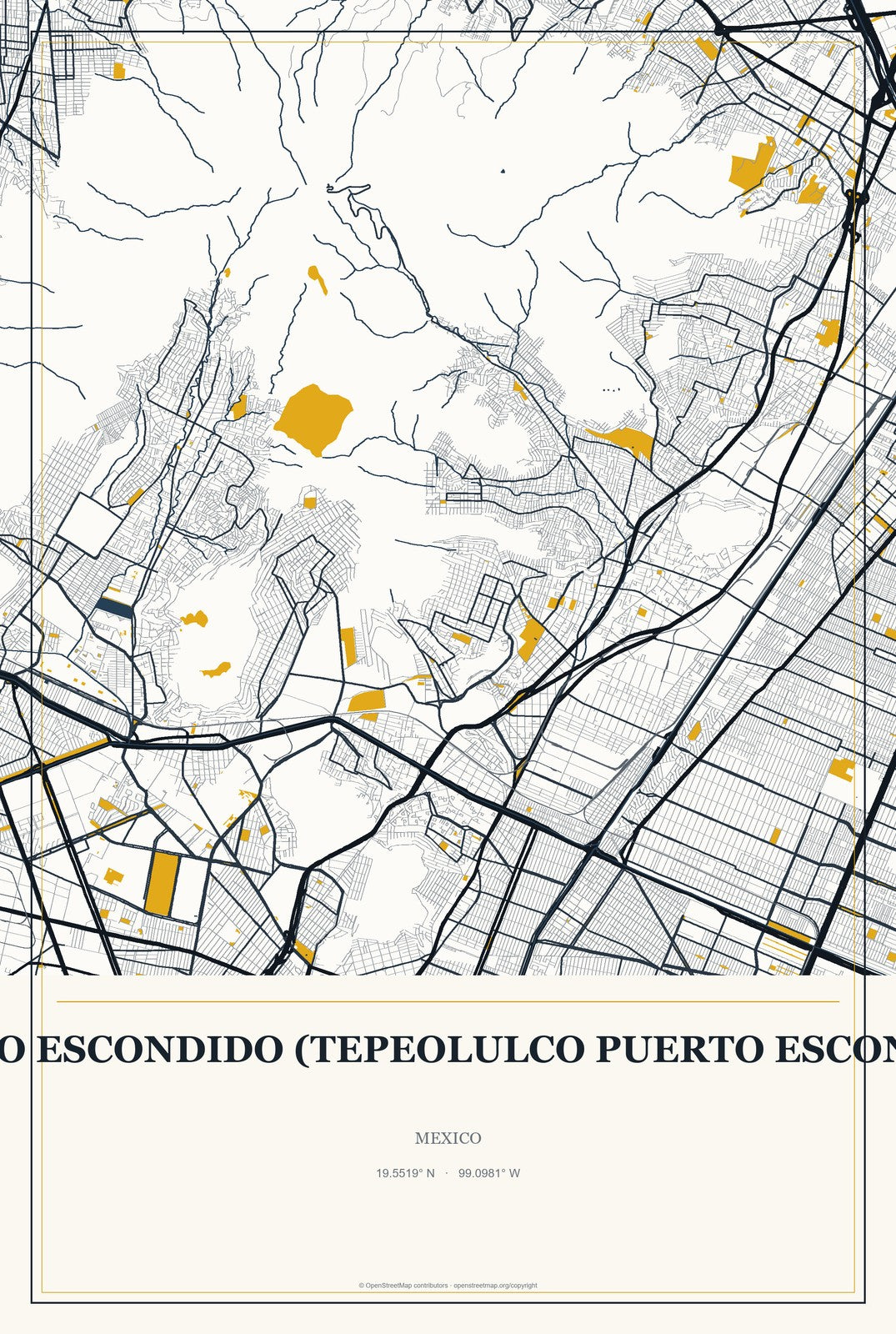Puerto Escondido (Tepeolulco Puerto Escondido), Mexico City Map Aluminum Sign in Citrine Modern style