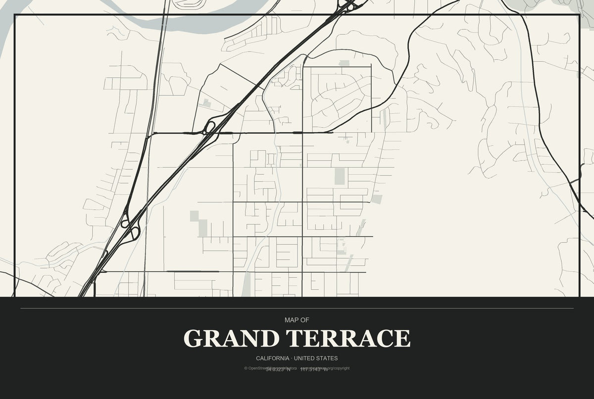 Grand Terrace, California City Map Aluminum Sign in Museum Plaque style