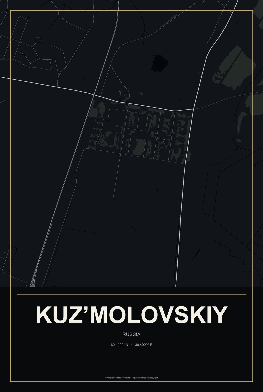 Kuz’molovskiy, Russia City Map Aluminum Sign in Metropolitan Noir style