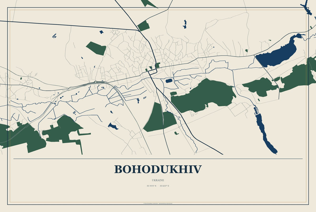 Bohodukhiv, Ukraine City Map Aluminum Sign in Coastal Cutout style
