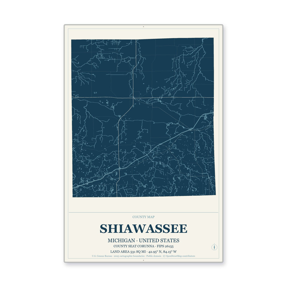 Shiawassee County, Michigan Map Aluminum Sign in Coastal Cutout style