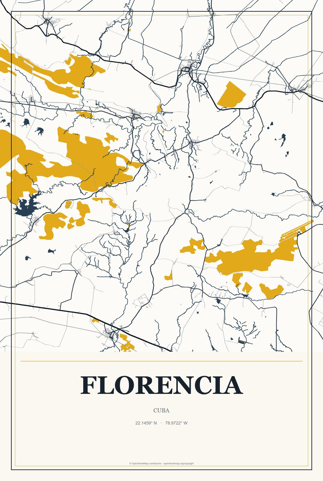 Florencia, Cuba City Map Aluminum Sign in Citrine Modern style