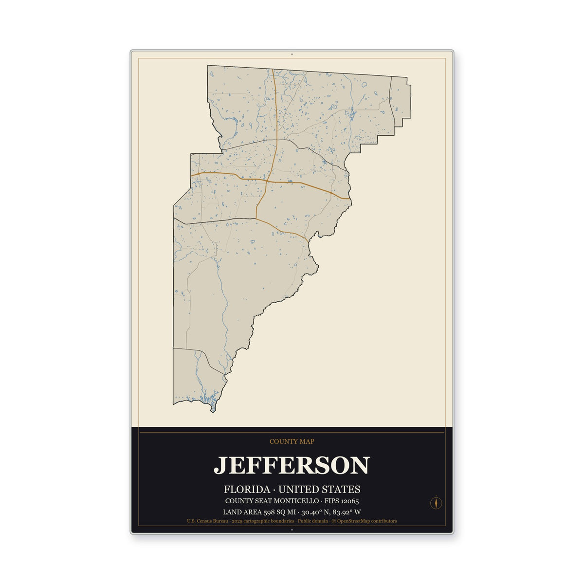 Jefferson County, Florida Map Aluminum Sign in Museum Plaque style