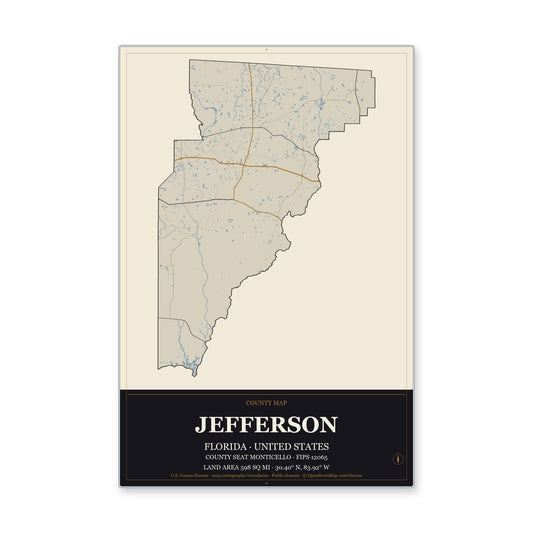 Jefferson County, Florida Map Aluminum Sign in Museum Plaque style
