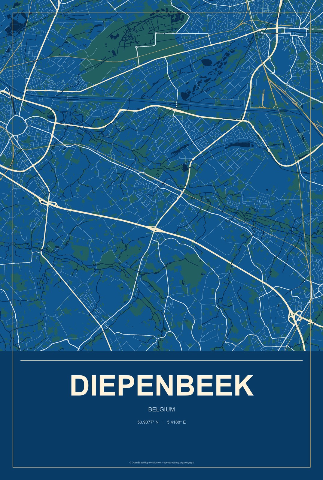 Diepenbeek, Belgium City Map Aluminum Sign in Harbor Cobalt style
