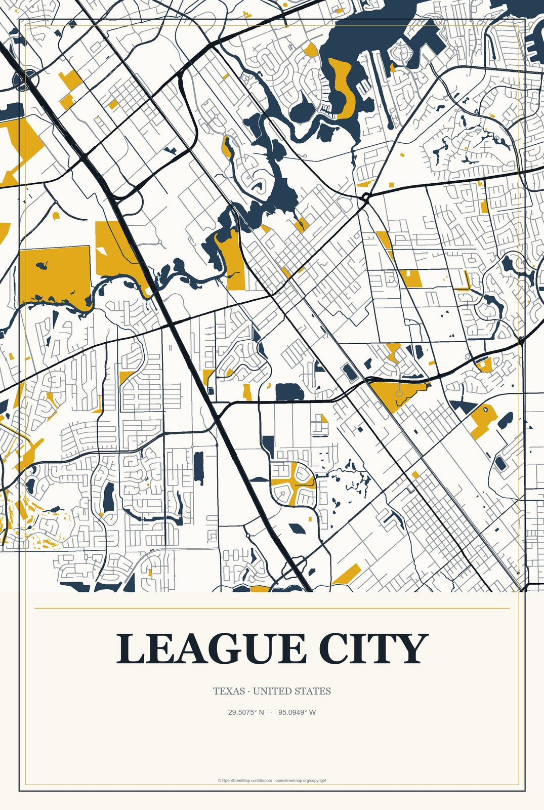 League City, Texas City Map Aluminum Sign in Citrine Modern style