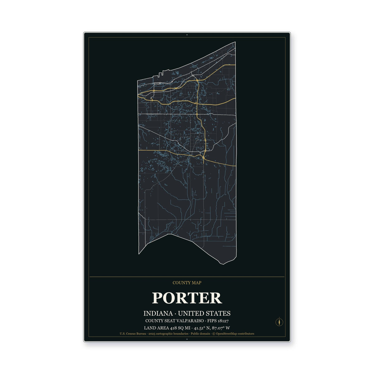 Porter County, Indiana Map Aluminum Sign in Metropolitan Noir style