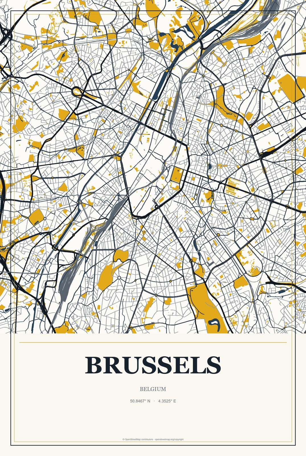 Brussels, Belgium City Map Aluminum Sign in Citrine Modern style